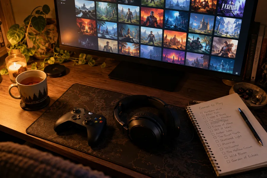 A laptop on a desk showing demo cards for different games, next to a controller and wishlist notes (illustration)