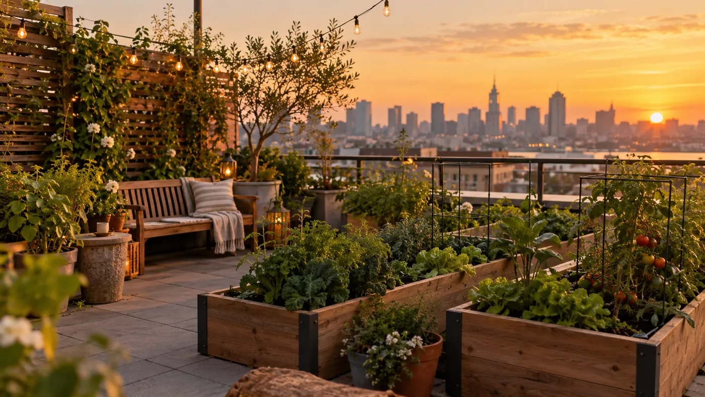 A rooftop terrace overlooking a city with vegetables in wooden planters, a bench and string lights (illustration)