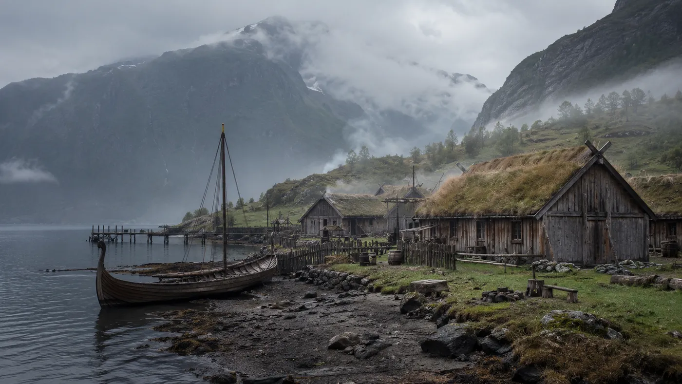 A Viking ship pulled up on the shore of a misty fjord beside turf-roofed wooden houses (illustration)