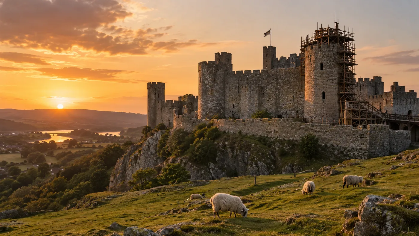 A stone castle on a hill at sunset, a tower under scaffolding and sheep grazing on the slope (illustration)