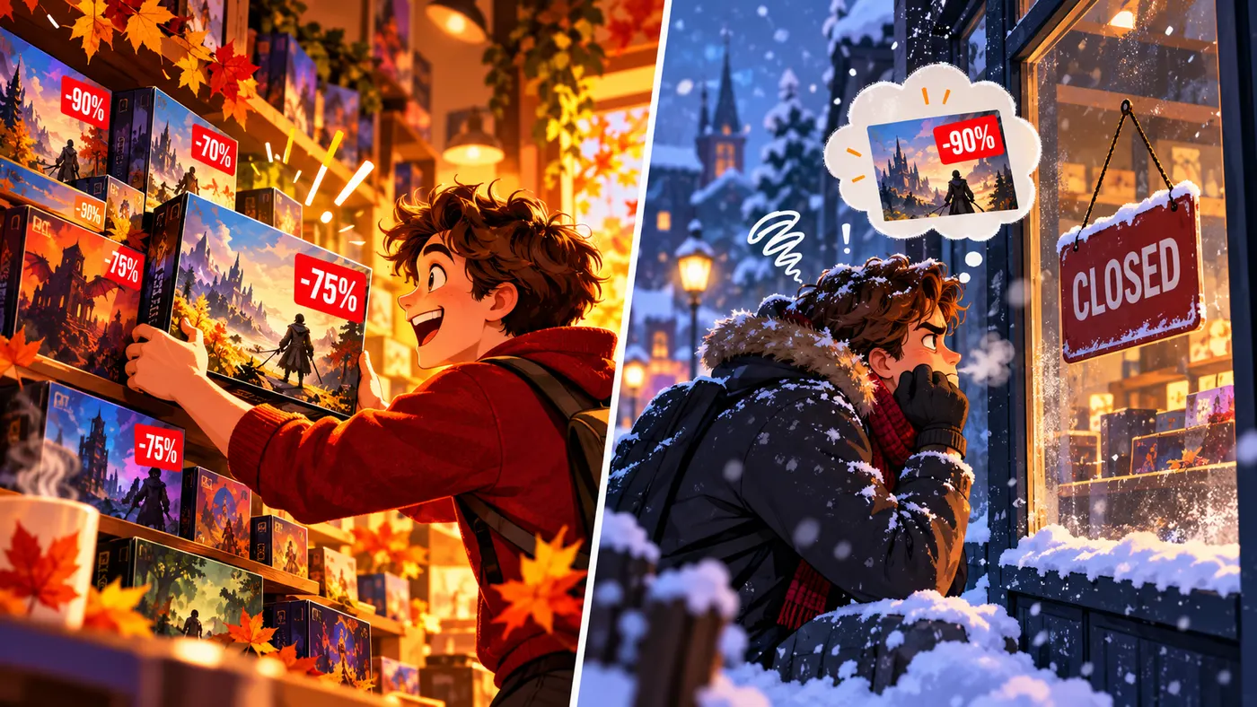 One player grabbing a discounted game in autumn, another waiting at a closed shop window in winter (illustration)