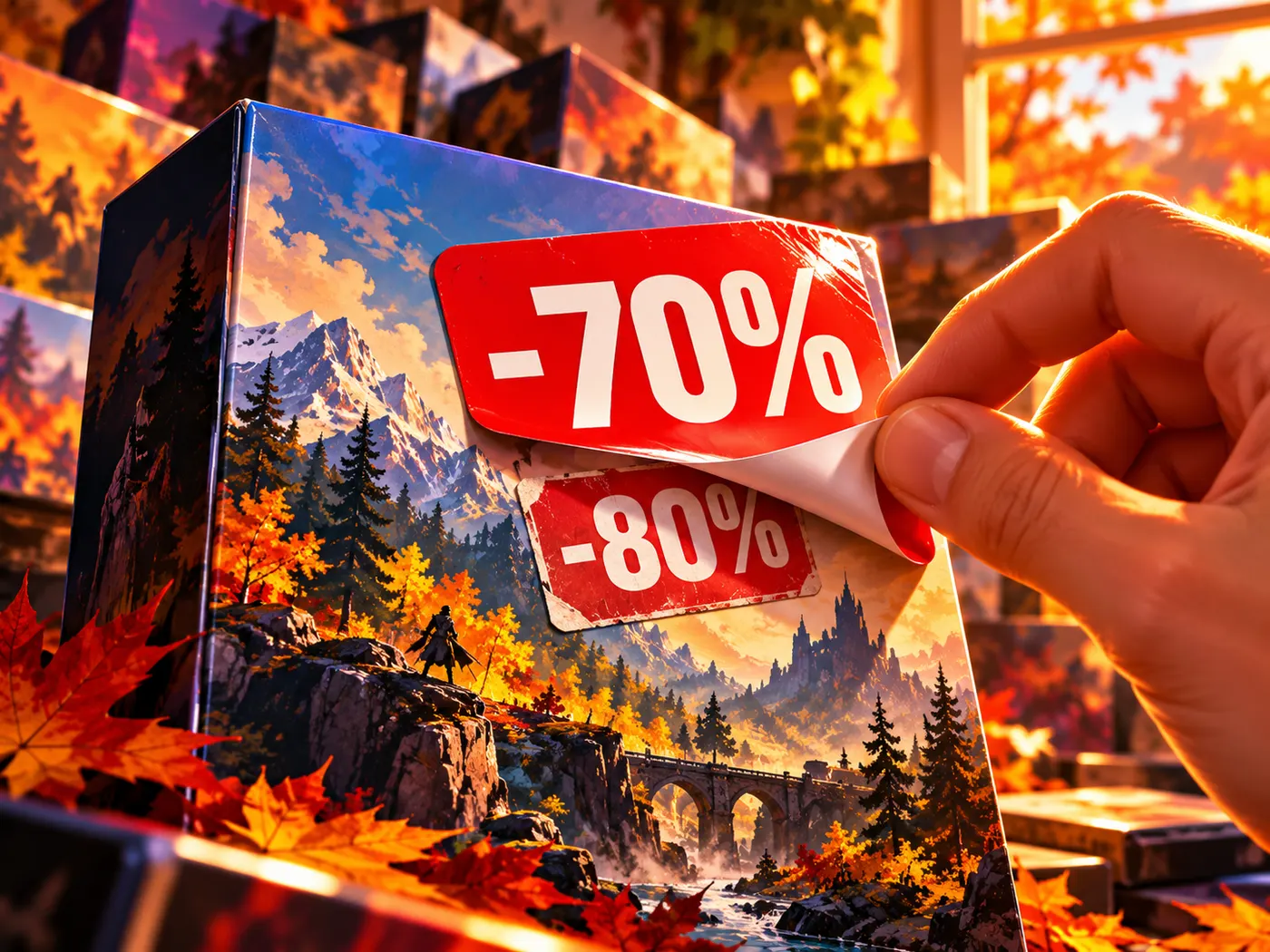 A "-70%" sticker peeled back to reveal an older "-80%" sticker on a game box (illustration)