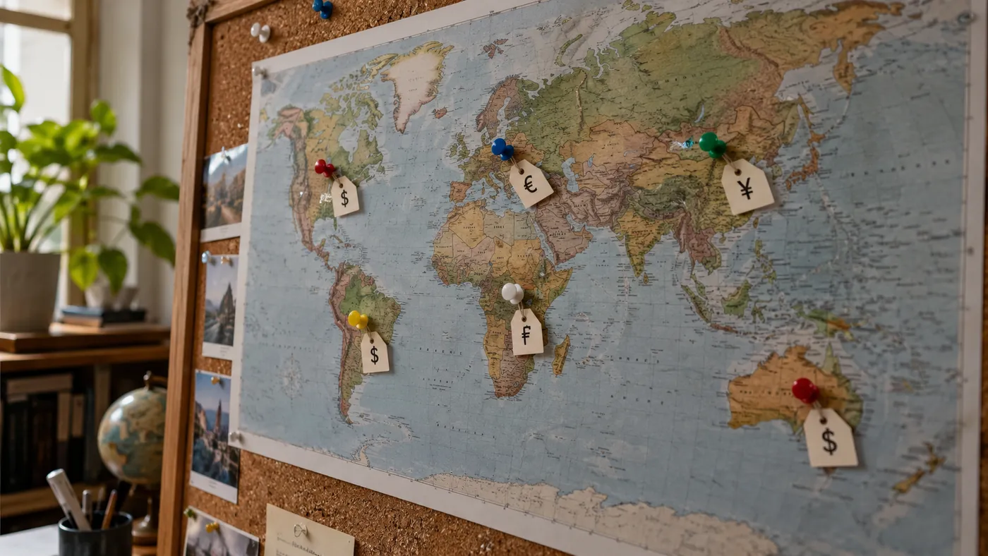 A world map pinned to a corkboard with currency tags on different countries (illustration)