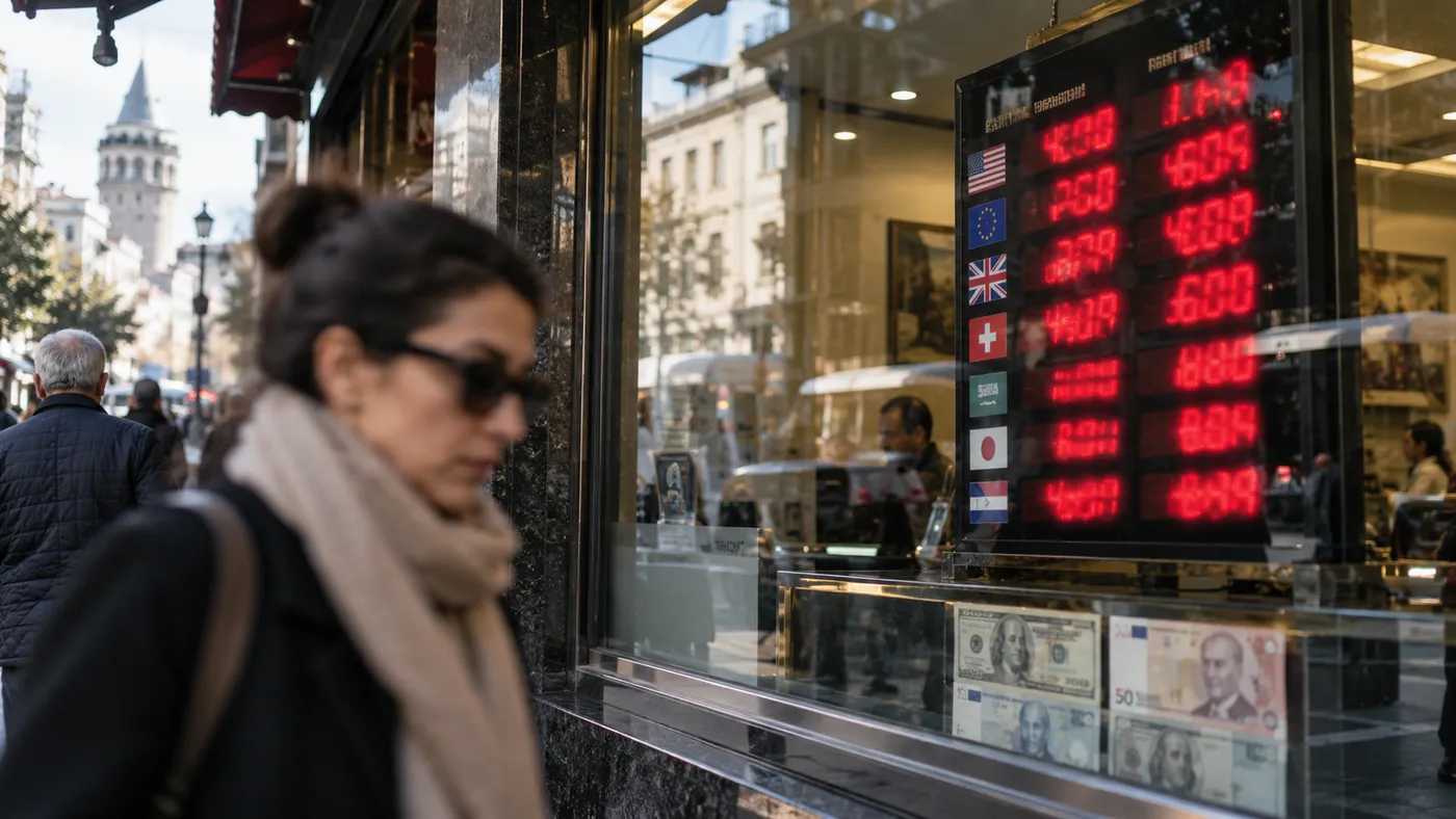 A woman walking past an exchange office board showing currency rates on an Istanbul street with Galata Tower in view (illustration)
