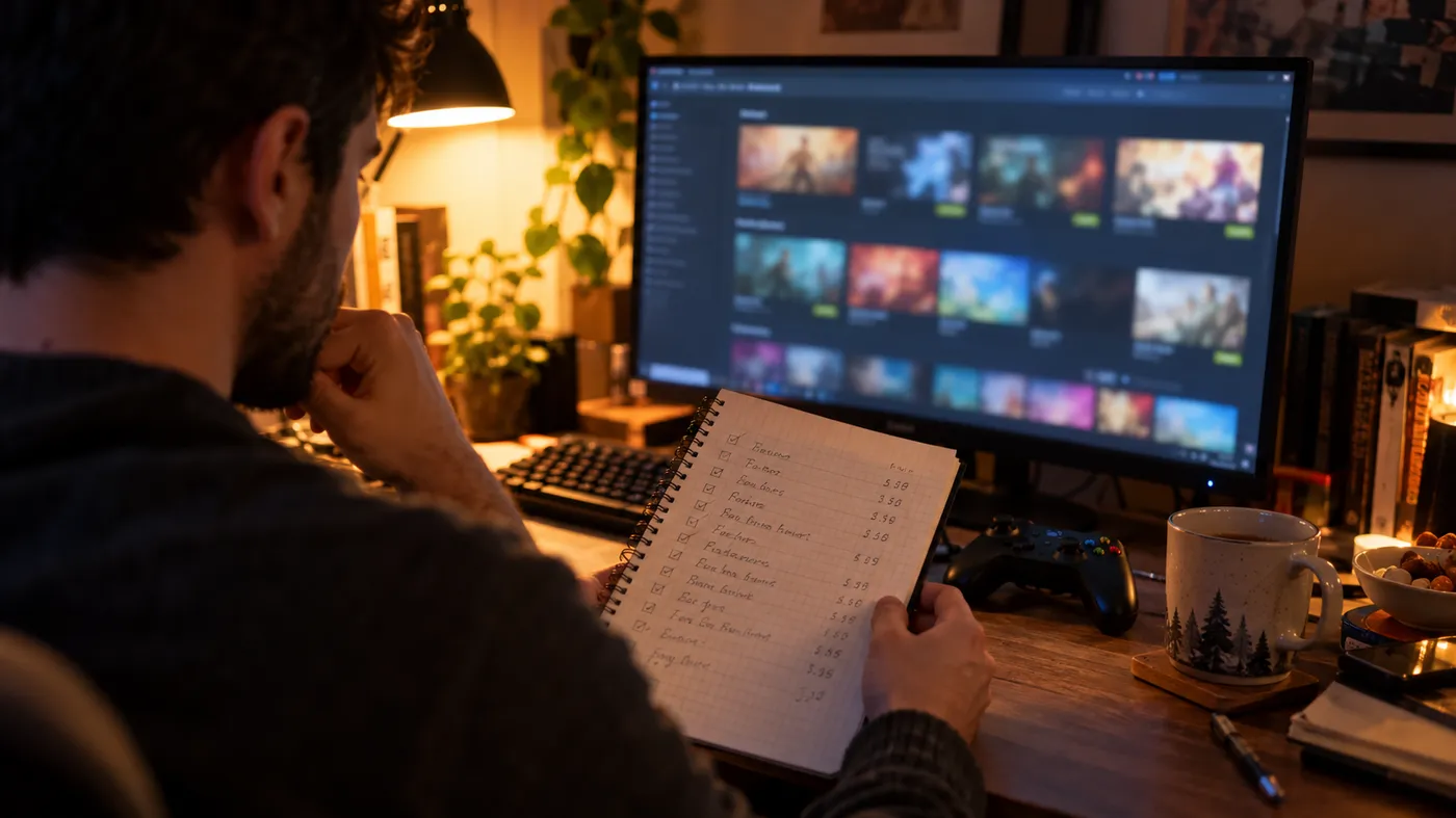 Someone at a desk in the evening holding a notebook of price notes in front of a game store on a monitor (illustration)