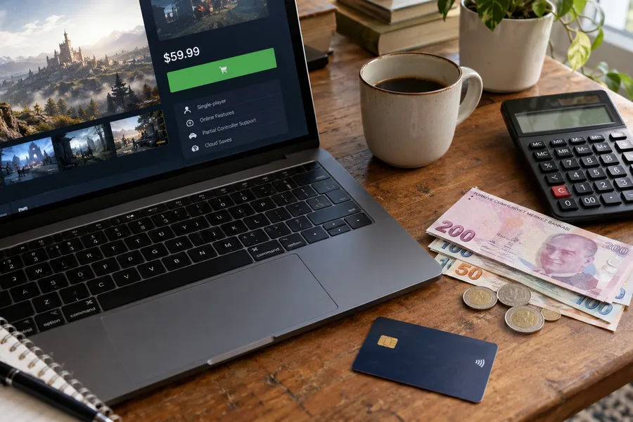 A game store page open on a laptop, next to a bank card, a calculator and dollar and lira banknotes (illustration)