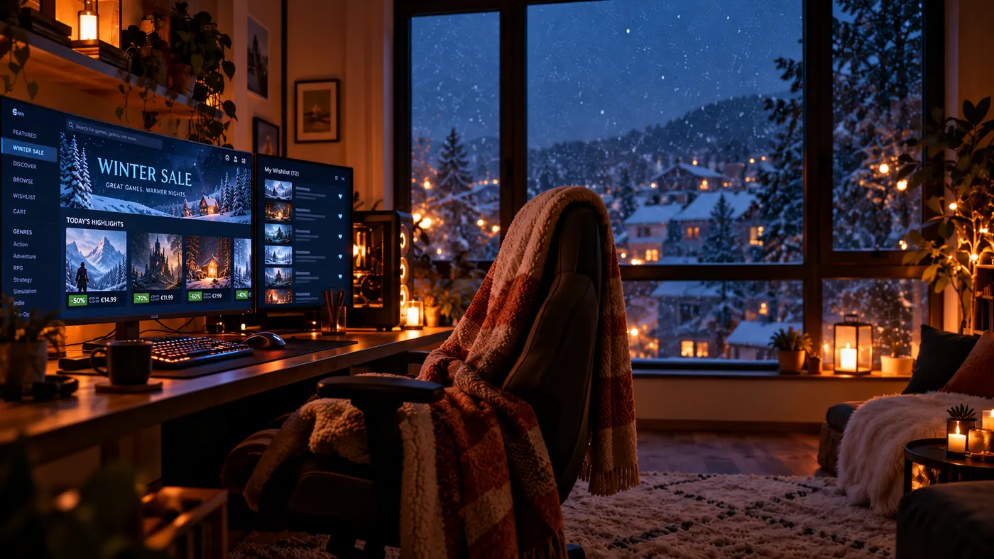 A cozy gaming corner by a snowy window, with screens showing a winter sale (illustration)