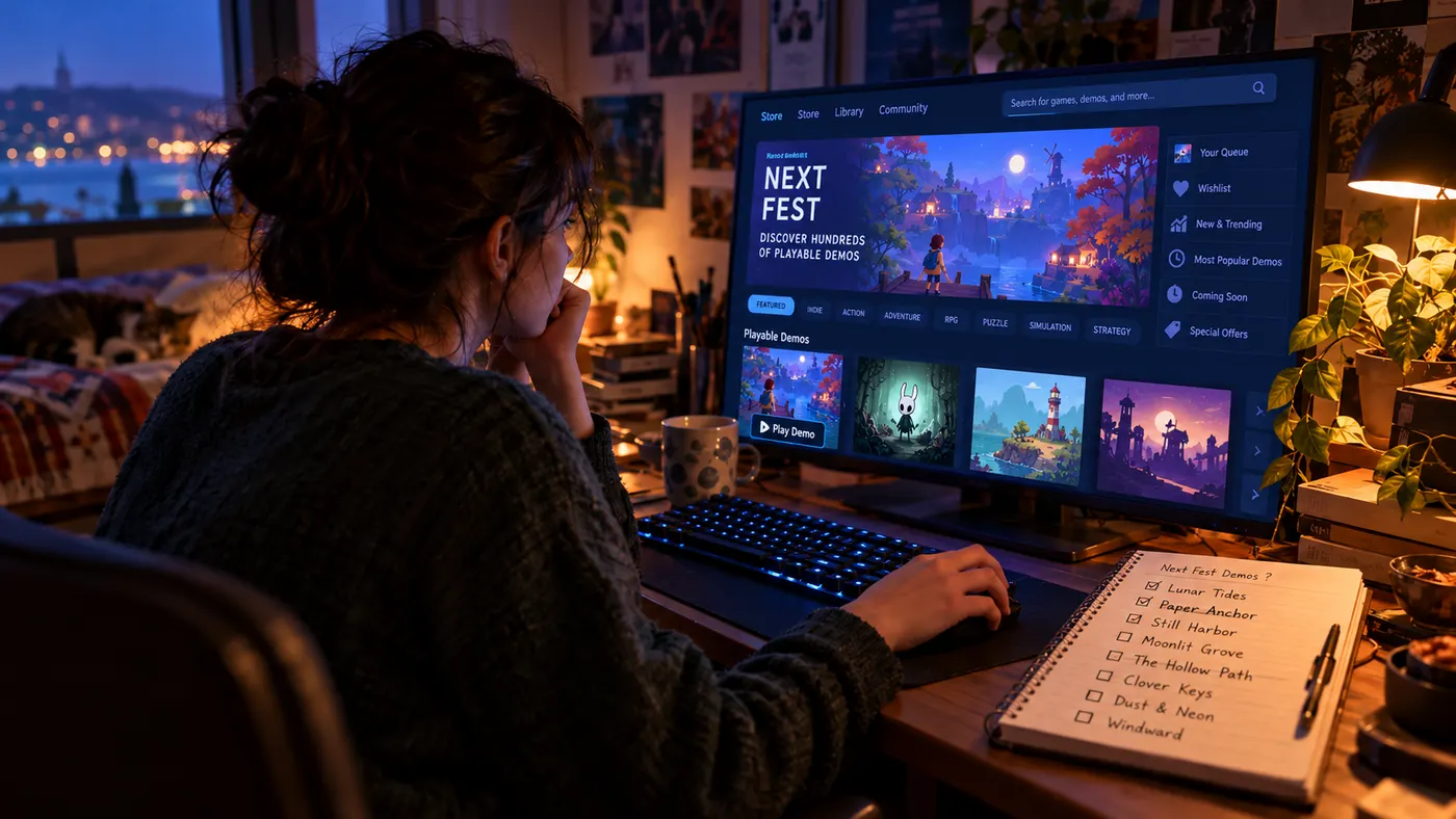 A player browsing game demos on a monitor at night, with a list of demos to try beside the keyboard (illustration)