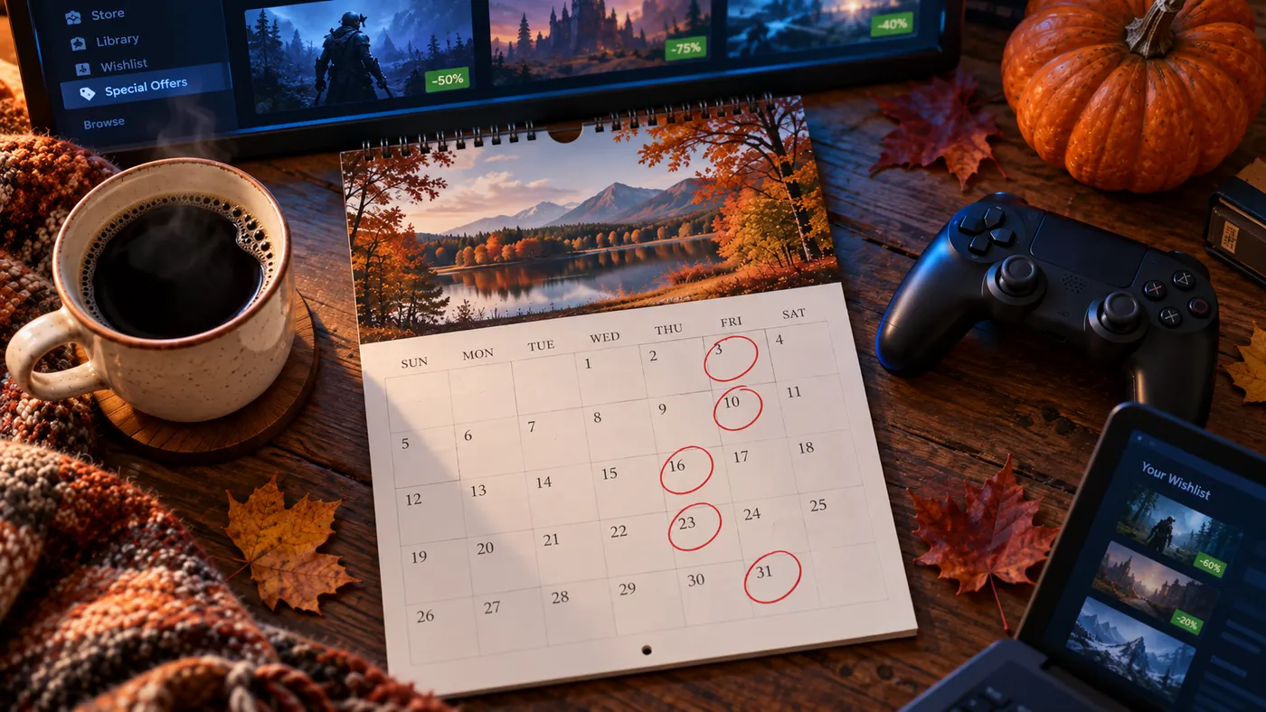 A wall calendar with several dates circled on a desk, next to a game controller, coffee and autumn leaves (illustration)