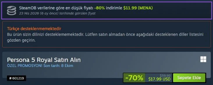 Steam mağaza sayfasında SteamDB eklentisinin gösterdiği en düşük fiyat bilgisi: %80 indirimle 11,99 dolar