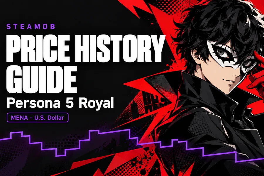 SteamDB price history guide cover: a Persona 5 Royal character and a stair-step price line