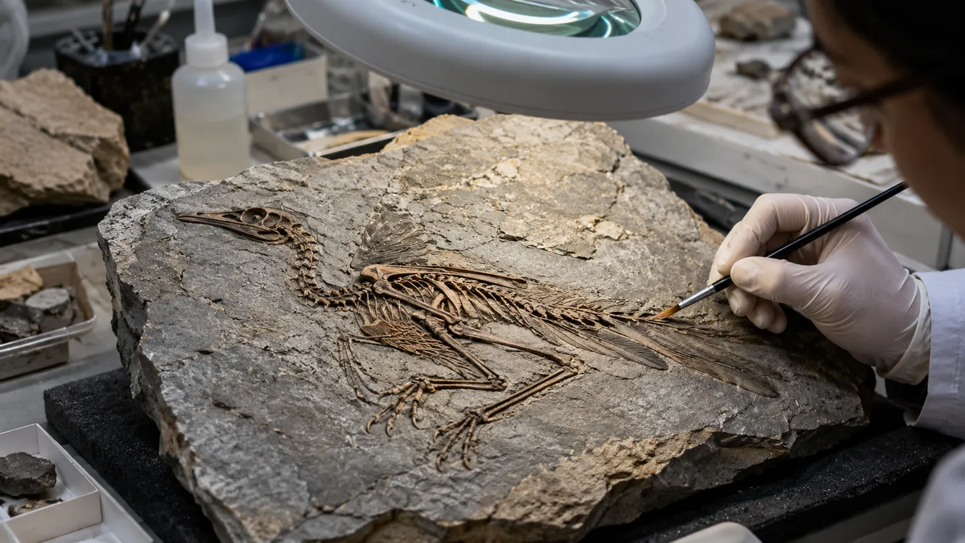 A small bird fossil with short forelimbs being cleaned with a brush under a magnifying lamp in a lab (illustration)