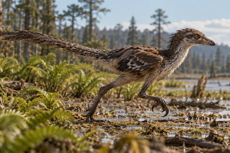 A short-winged, long-tailed feathered bird running through a fern-covered Jurassic wetland (illustration)