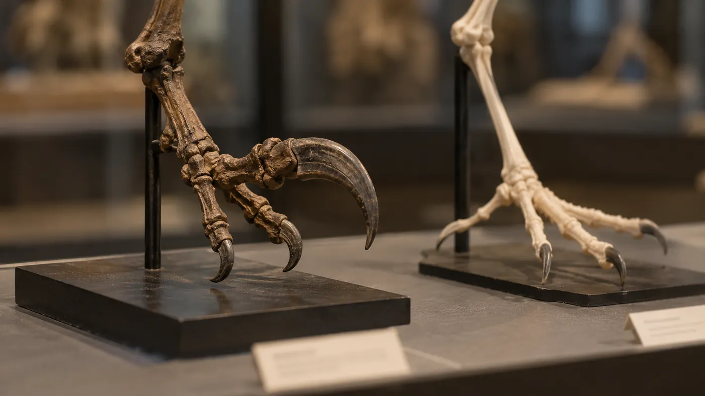 A fossil foot with a large sickle-shaped claw displayed beside a slender bird foot skeleton in a museum case (illustration)