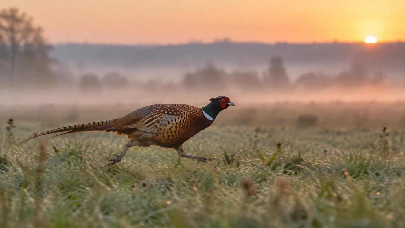 A pheasant running across a meadow on a misty morning (illustration)