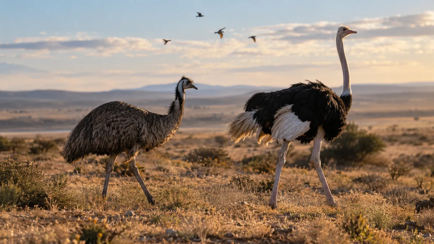 An emu and an ostrich standing side by side in dry scrubland at sunset (illustration)