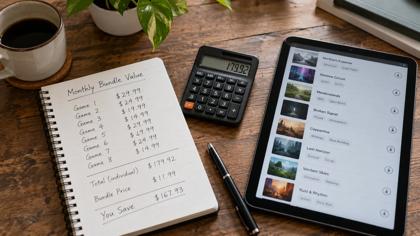 Masada oyun fiyatlarının yazıldığı bir defter, hesap makinesi ve oyun listesi açık bir tablet (illüstrasyon)