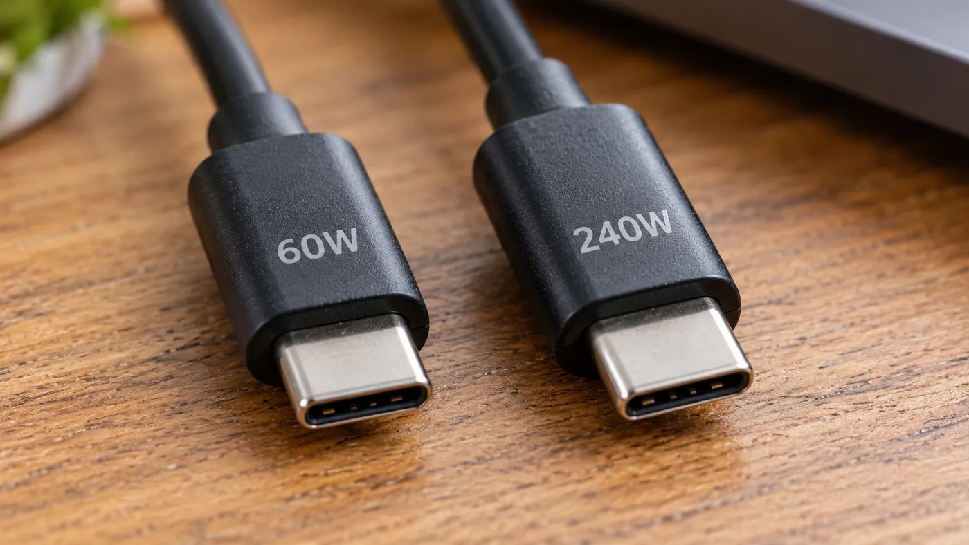 Fiş gövdelerinde "60W" ve "240W" yazan iki USB-C kablo ucu (illüstrasyon)
