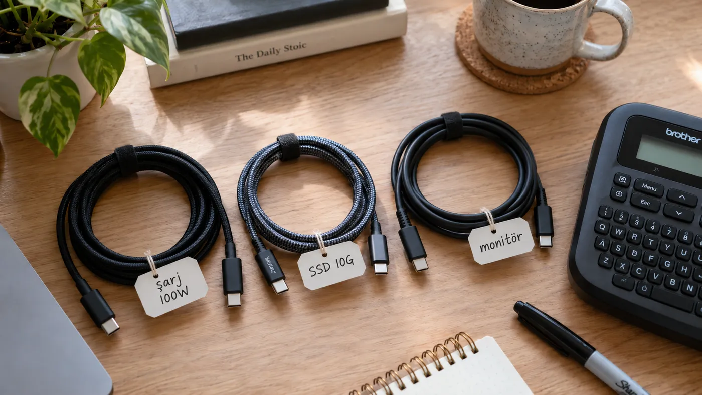 Masada "şarj 100W", "SSD 10G" ve "monitör" etiketleriyle sarılmış üç USB-C kablo (illüstrasyon)