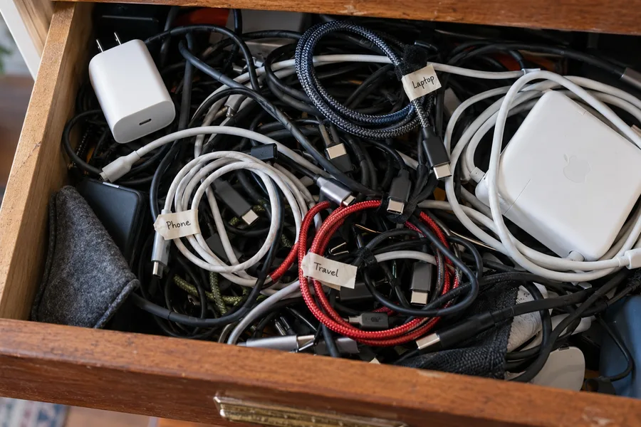 Açık bir çekmecede birbirine karışmış, bazıları etiketli USB-C kablolar ve şarj adaptörleri (illüstrasyon)