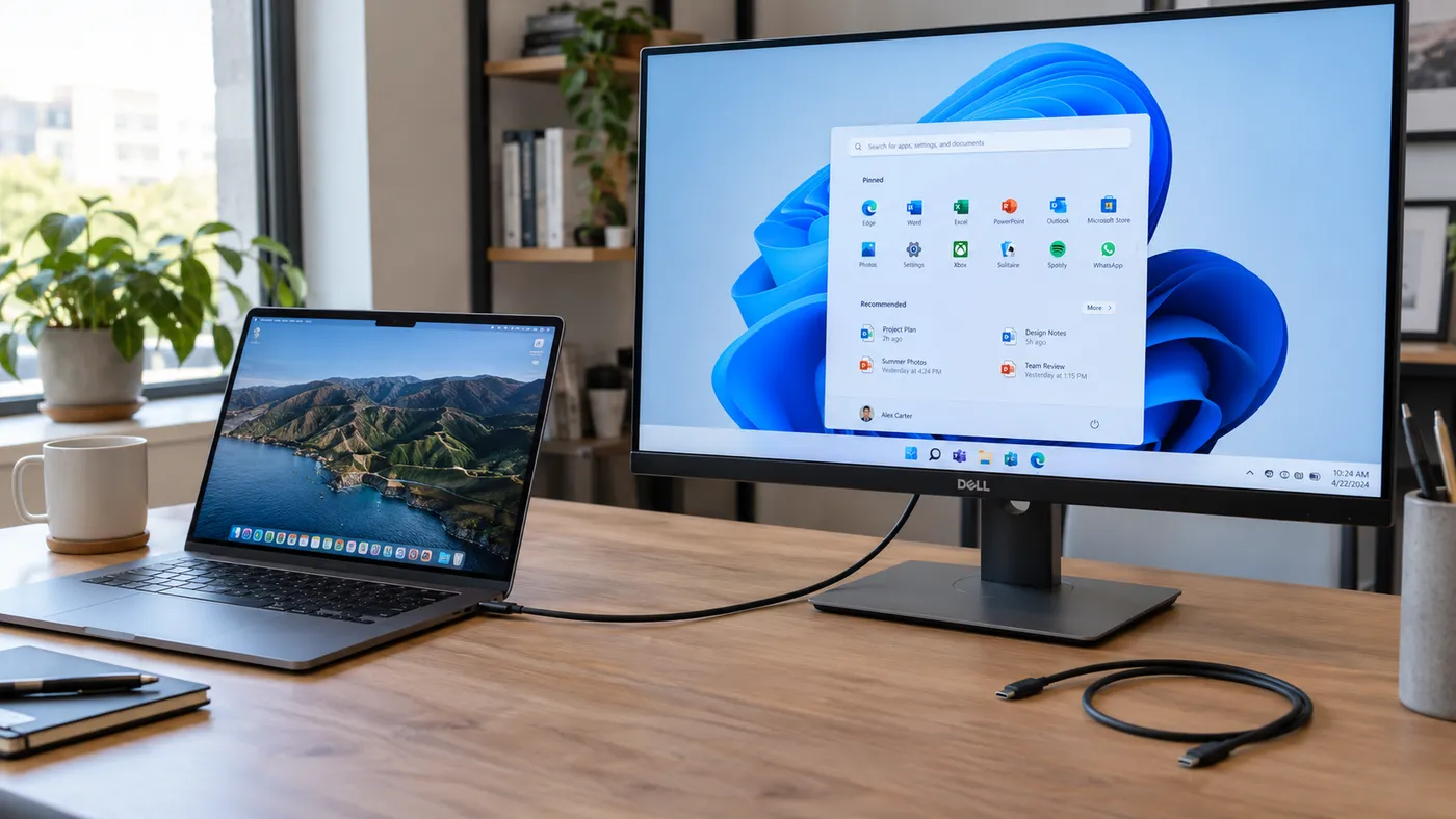 Tek bir USB-C kabloyla harici monitöre bağlanmış dizüstü bilgisayar (illüstrasyon)
