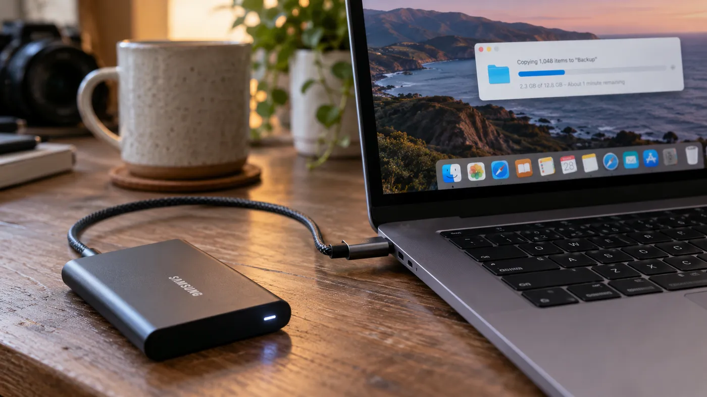 Ahşap masada USB-C kabloyla dizüstü bilgisayara bağlı harici bir SSD; ekranda dosya kopyalama penceresi (illüstrasyon)