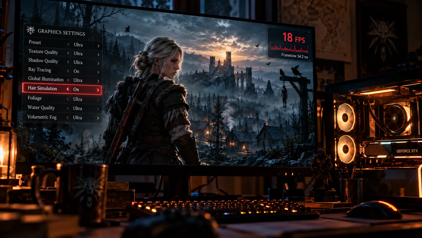 A screen running at 18 FPS with hair simulation enabled in the graphics settings (illustration)