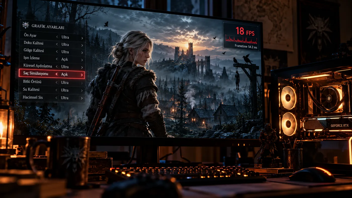 Grafik ayarlarında saç simülasyonu açıkken 18 FPS gösteren ekran (illüstrasyon)
