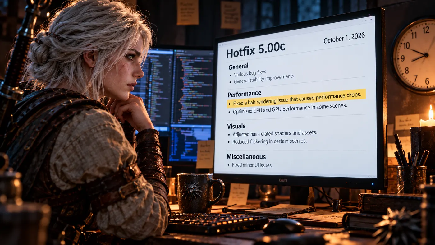 Hotfix 5.00c patch notes on screen with a hair rendering fix highlighted (illustration)
