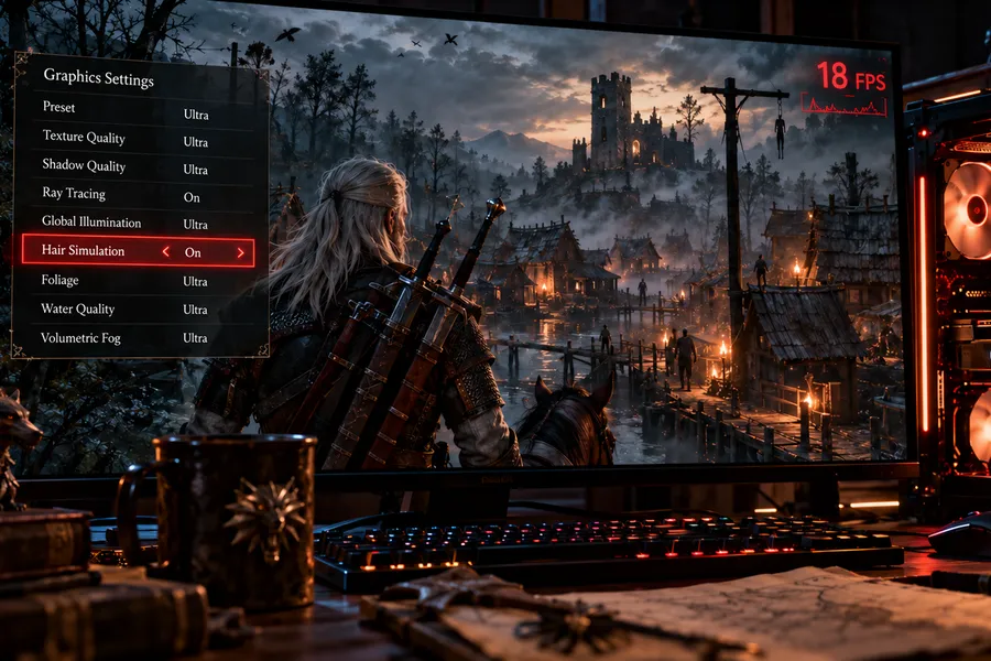 A dark fantasy landscape running at 18 FPS with hair simulation enabled in the graphics settings (illustration)