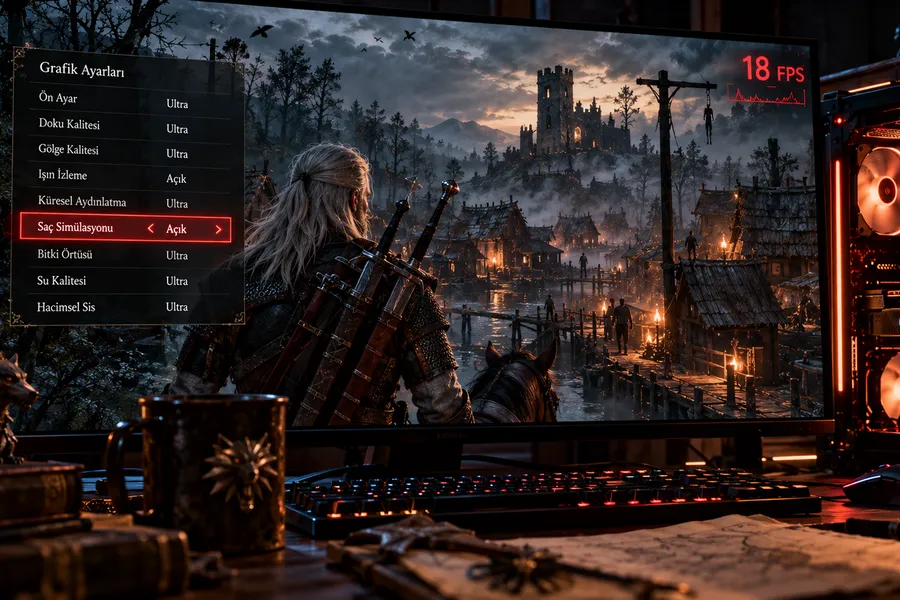 Grafik ayarlarında saç simülasyonu açıkken ekranda 18 FPS gösteren karanlık bir fantastik manzara (illüstrasyon)
