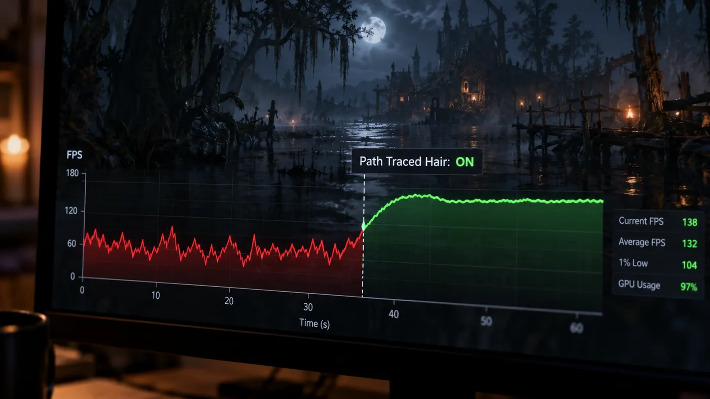 An FPS graph turning from red to green the moment path-traced hair is switched on (illustration)