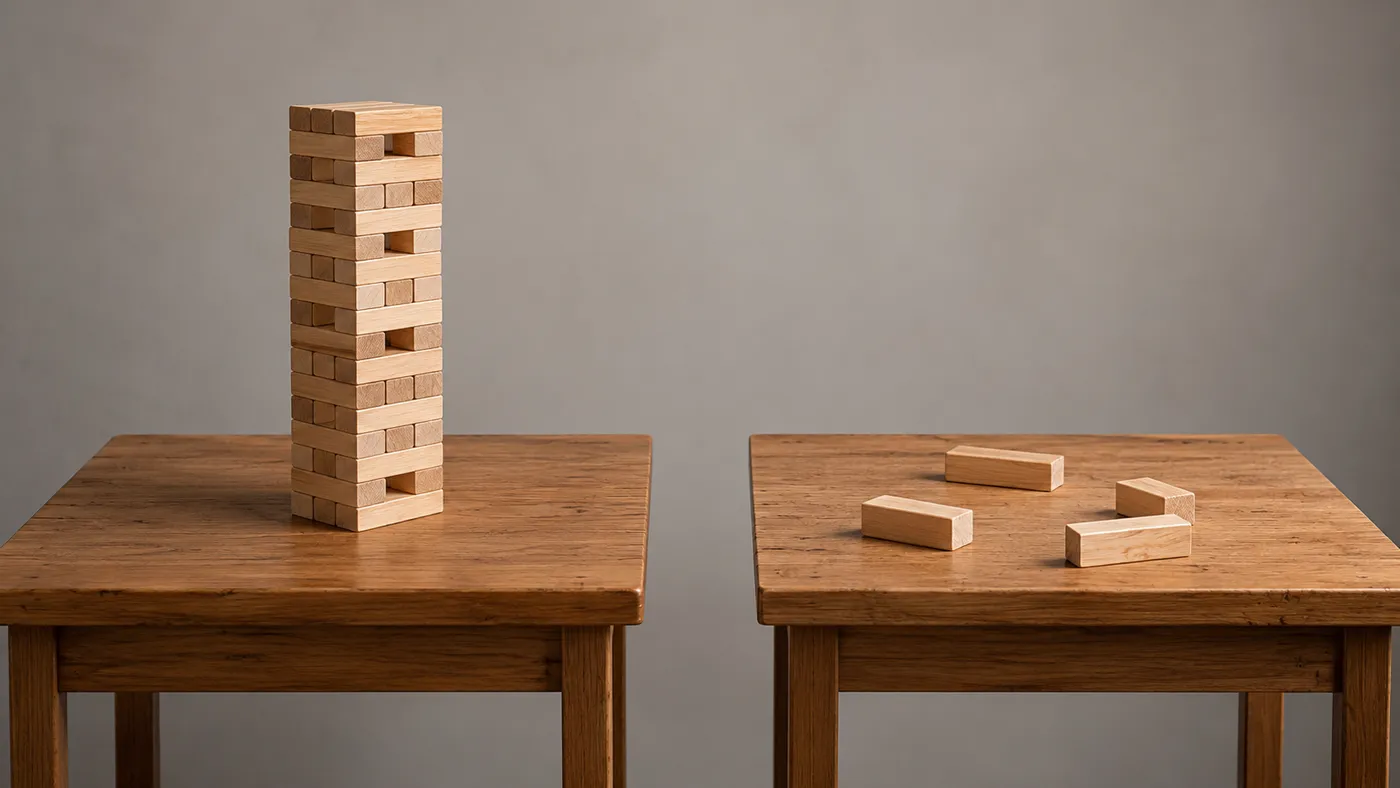 Two tables side by side: a tall block tower on one, a few scattered blocks on the other (illustration)