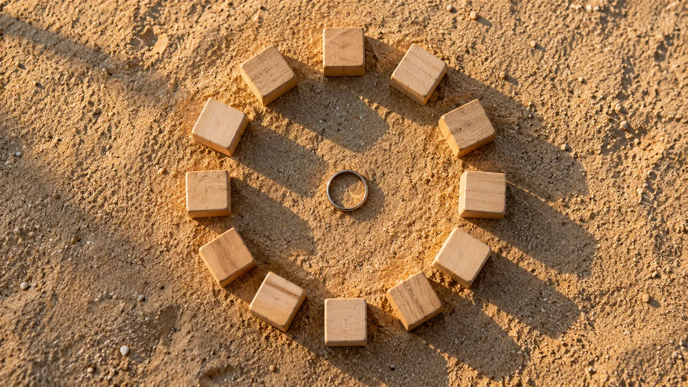 Twelve wooden cubes arranged in a circle in the sand, with a ring in the middle (illustration)