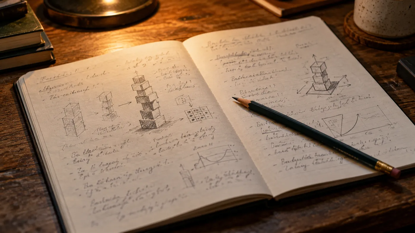 An open notebook on a desk with sketches of block towers, graphs and handwritten notes (illustration)