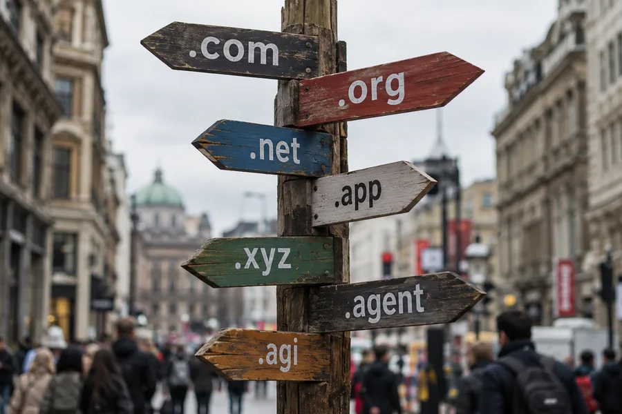 Kalabalık bir şehir caddesinde .com, .org, .app, .agent ve .agi yazan yön tabelaları (illüstrasyon)