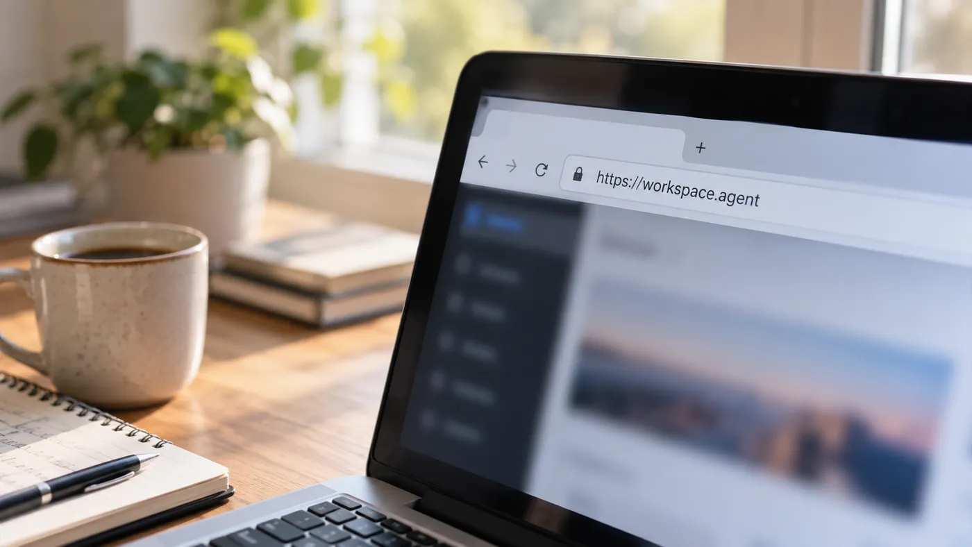 Masadaki dizüstü bilgisayarın adres çubuğunda workspace.agent adresi (illüstrasyon)